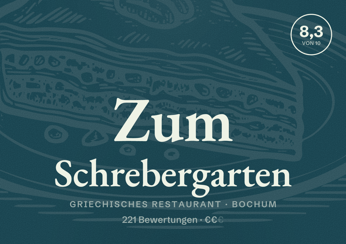 Illustriertes Poster von Zum Schrebergarten, Griechisches Restaurant in Bochum: Bewertung 8,3 von 10 aus 221 Bewertungen, Preisniveau €€