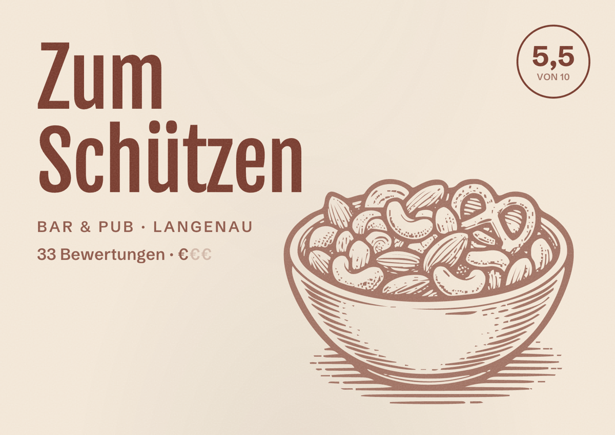 Illustriertes Poster von Zum Schützen, Bar & Pub in Langenau: Bewertung 5,5 von 10 aus 33 Bewertungen, Preisniveau €