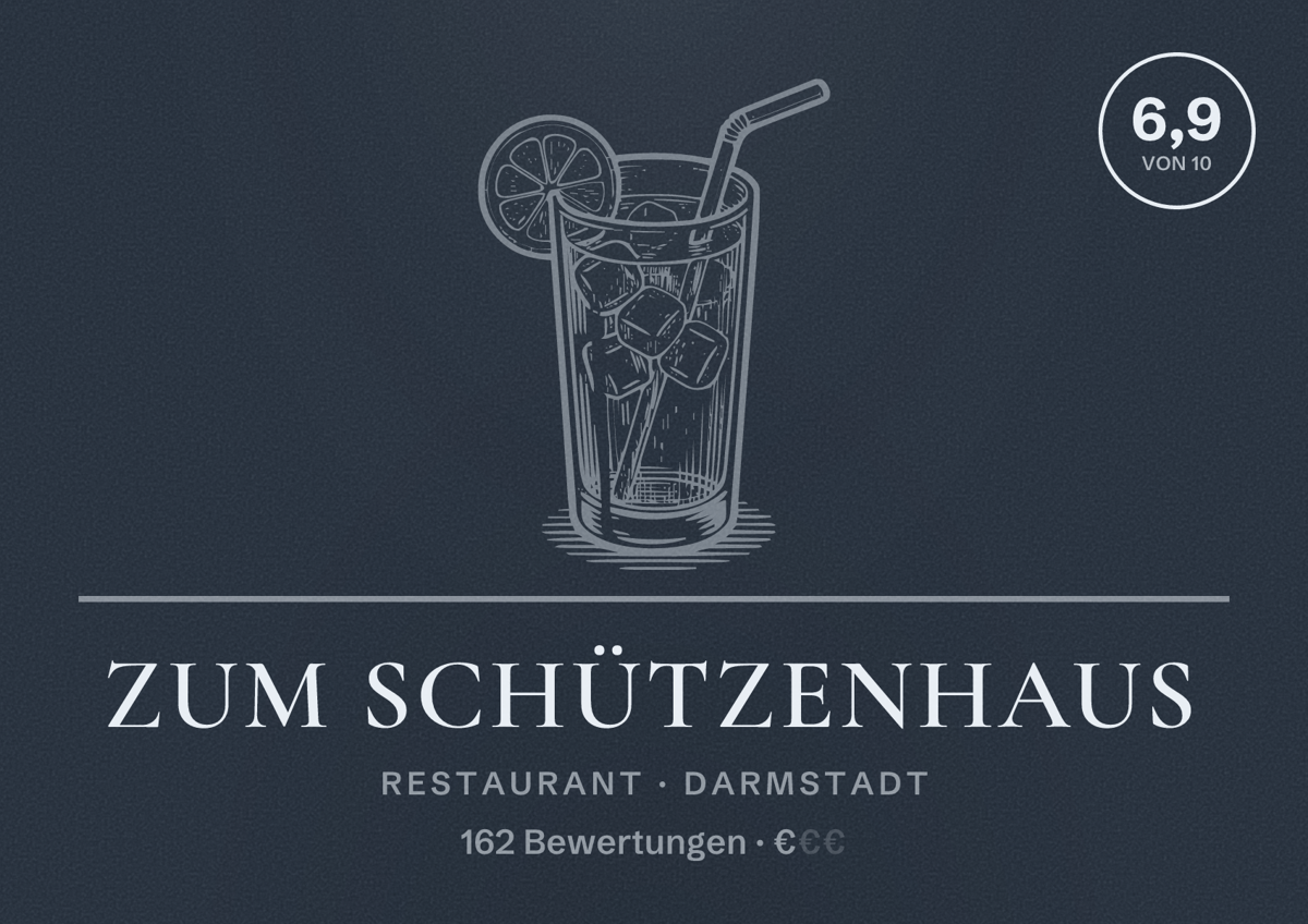 Illustriertes Poster von Zum Schützenhaus, Restaurant in Darmstadt: Bewertung 6,9 von 10 aus 162 Bewertungen, Preisniveau €