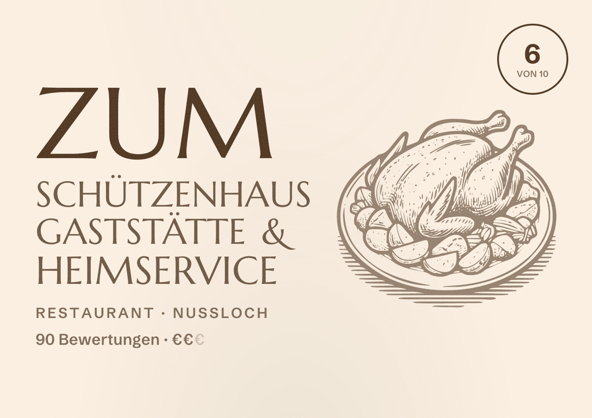 Illustriertes Poster von Zum Schützenhaus Gaststätte & Heimservice, Restaurant in Nußloch: Bewertung 6 von 10 aus 90 Bewertungen, Preisniveau €€