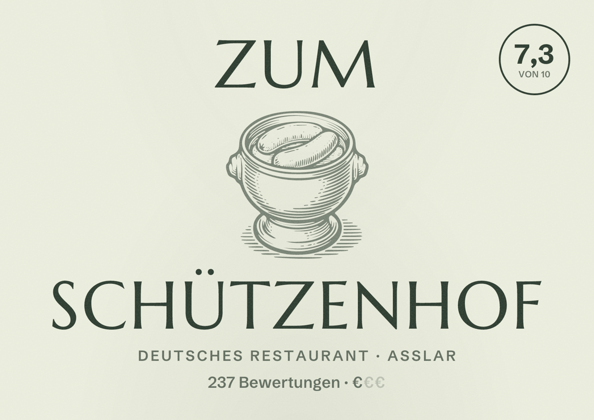 Illustriertes Poster von Zum Schützenhof, Deutsches Restaurant in Aßlar: Bewertung 7,3 von 10 aus 237 Bewertungen, Preisniveau €