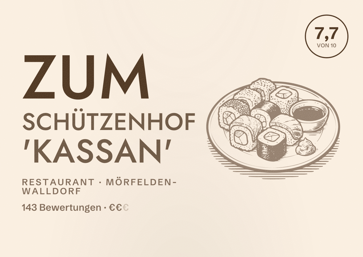 Illustriertes Poster von Zum Schützenhof 'Kassan', Restaurant in Mörfelden-Walldorf: Bewertung 7,7 von 10 aus 143 Bewertungen, Preisniveau €€