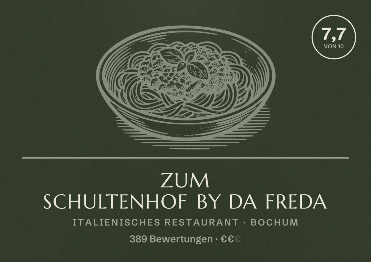 Illustriertes Poster von Zum Schultenhof by da Freda, Italienisches Restaurant in Bochum: Bewertung 7,7 von 10 aus 389 Bewertungen, Preisniveau €€