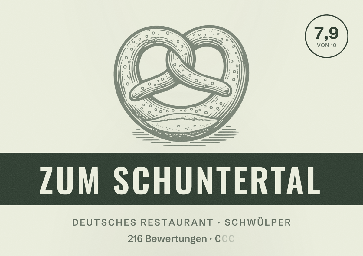 Illustriertes Poster von Zum Schuntertal, Deutsches Restaurant in Schwülper: Bewertung 7,9 von 10 aus 216 Bewertungen, Preisniveau €