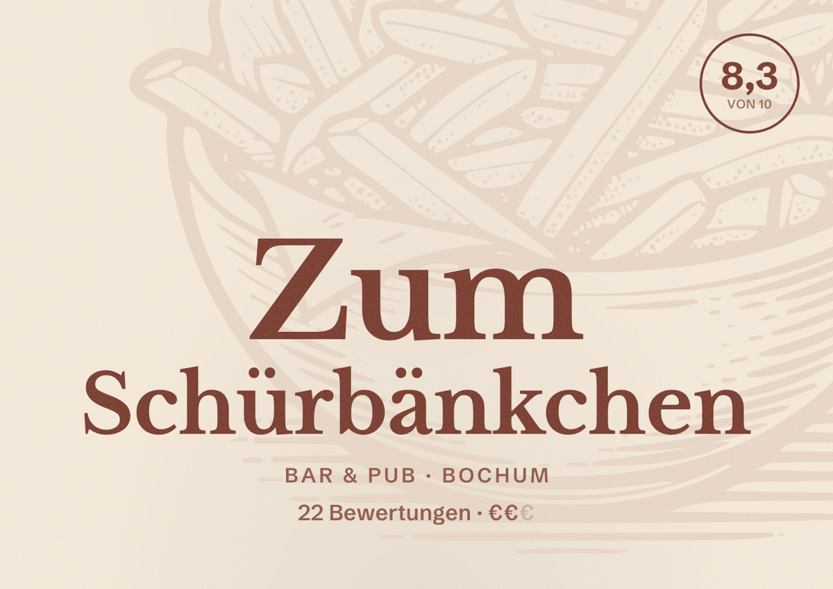 Illustriertes Poster von Zum Schürbänkchen, Bar & Pub in Bochum: Bewertung 8,3 von 10 aus 22 Bewertungen, Preisniveau €€