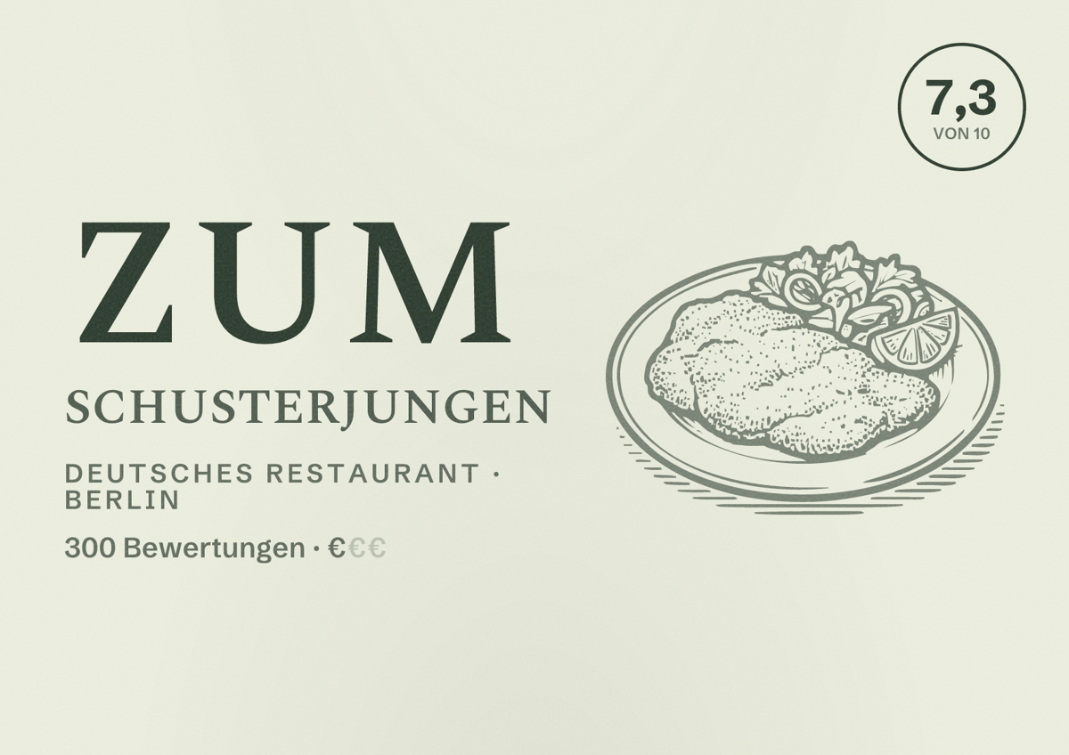 Illustriertes Poster von Zum Schusterjungen, Deutsches Restaurant in Berlin: Bewertung 7,3 von 10 aus 300 Bewertungen, Preisniveau €