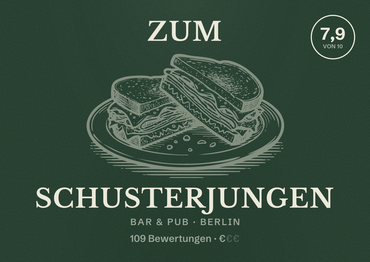 Illustriertes Poster von Zum Schusterjungen, Bar & Pub in Berlin: Bewertung 7,9 von 10 aus 109 Bewertungen, Preisniveau €
