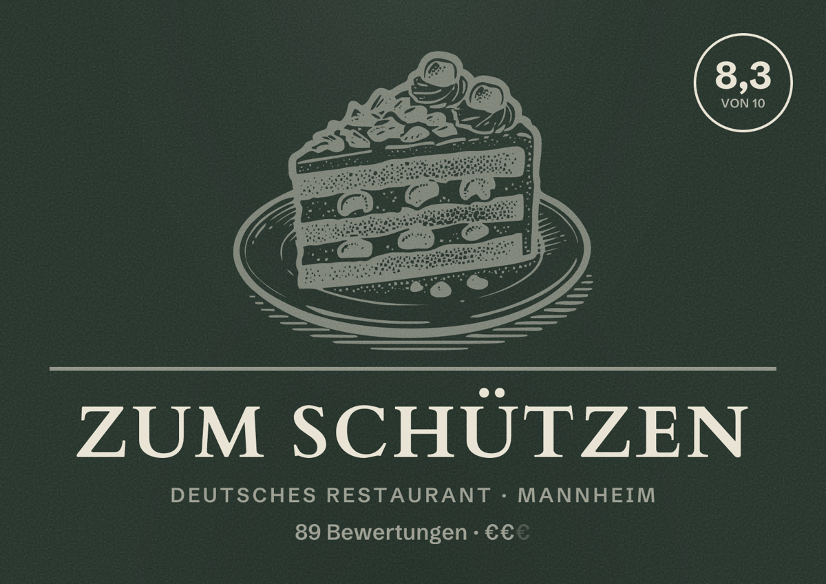 Illustriertes Poster von Zum Schützen, Deutsches Restaurant in Mannheim: Bewertung 8,3 von 10 aus 89 Bewertungen, Preisniveau €€