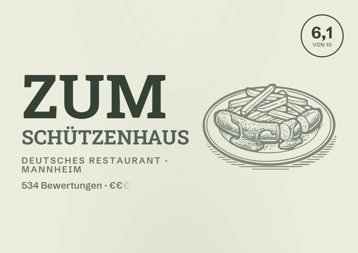 Illustriertes Poster von Zum Schützenhaus, Deutsches Restaurant in Mannheim: Bewertung 6,1 von 10 aus 534 Bewertungen, Preisniveau €€