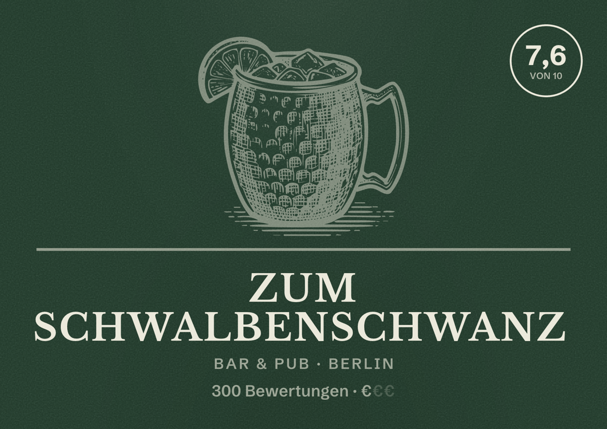 Illustriertes Poster von Zum Schwalbenschwanz, Bar & Pub in Berlin: Bewertung 7,6 von 10 aus 300 Bewertungen, Preisniveau €