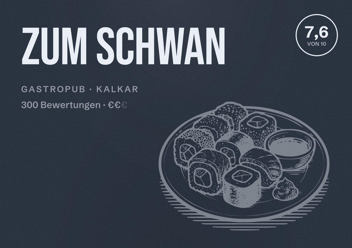 Illustriertes Poster von Zum Schwan, Gastropub in Kalkar: Bewertung 7,6 von 10 aus 300 Bewertungen, Preisniveau €€