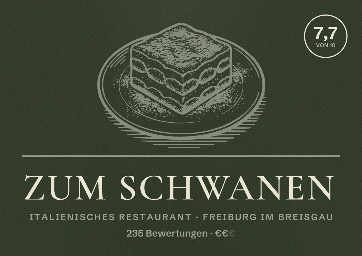 Illustriertes Poster von Zum Schwanen, Italienisches Restaurant in Freiburg im Breisgau: Bewertung 7,7 von 10 aus 235 Bewertungen, Preisniveau €€