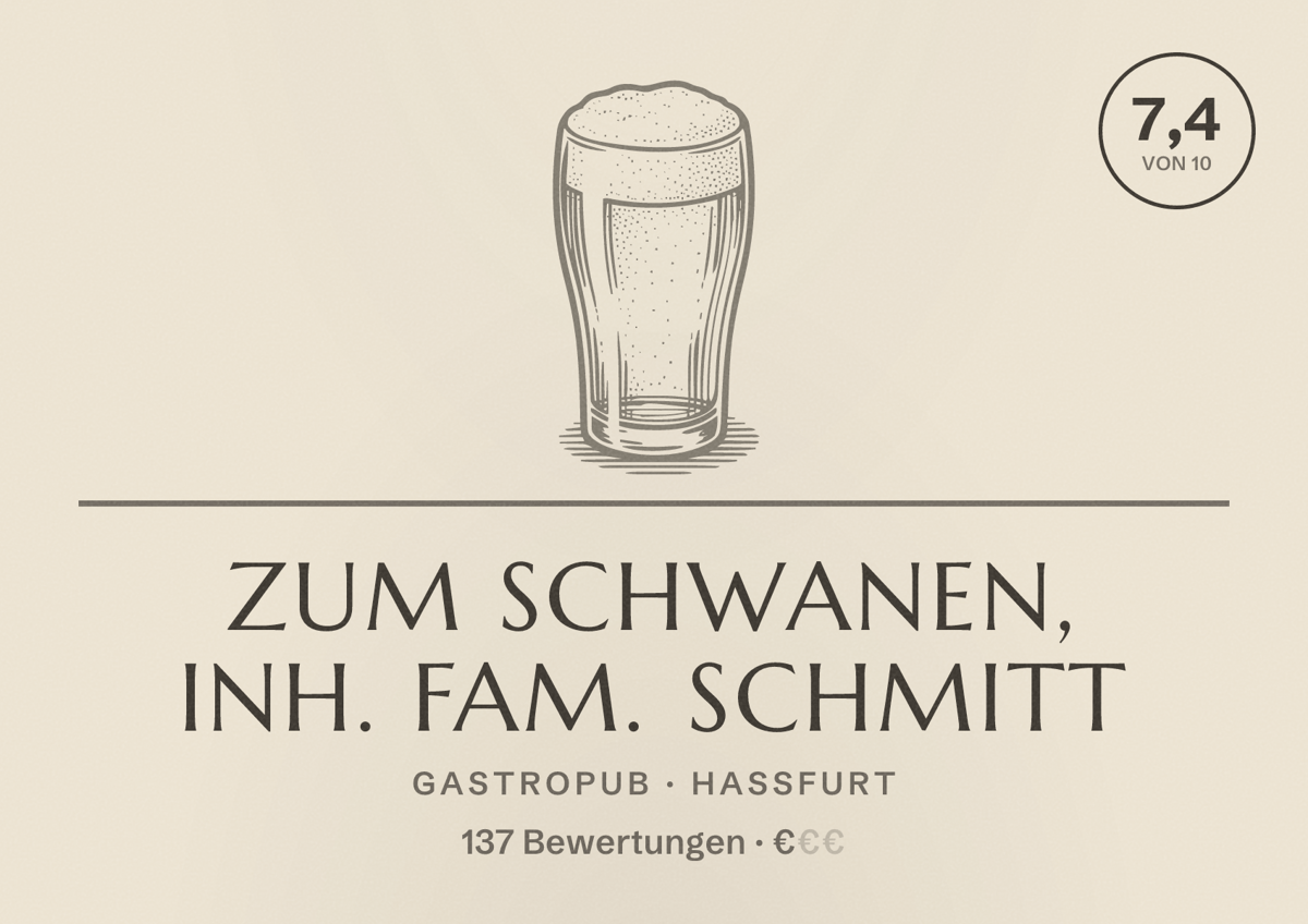 Illustriertes Poster von Zum Schwanen, Inh. Fam. Schmitt, Gastropub in Haßfurt: Bewertung 7,4 von 10 aus 137 Bewertungen, Preisniveau €