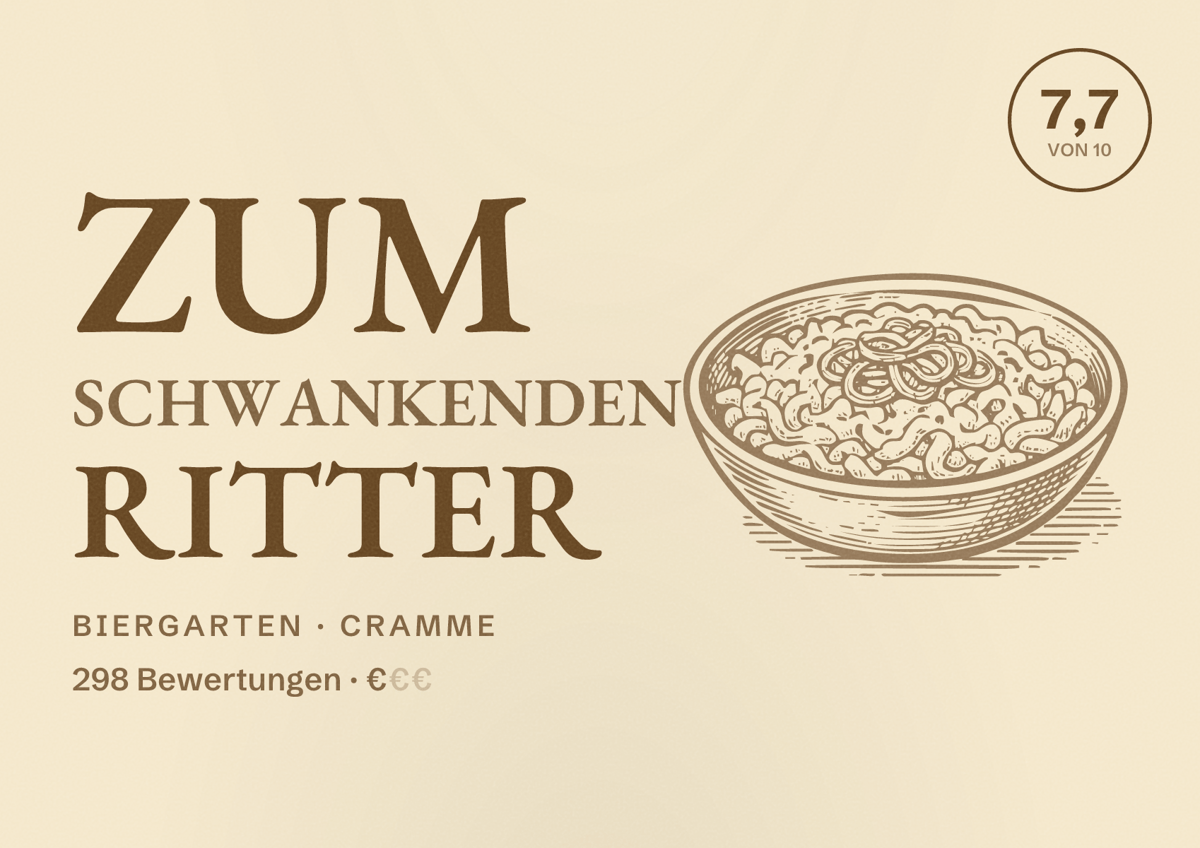 Illustriertes Poster von Zum schwankenden Ritter, Biergarten in Cramme: Bewertung 7,7 von 10 aus 298 Bewertungen, Preisniveau €