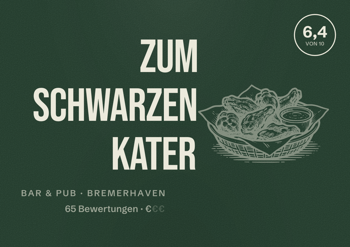 Illustriertes Poster von Zum Schwarzen Kater, Bar & Pub in Bremerhaven: Bewertung 6,4 von 10 aus 65 Bewertungen, Preisniveau €