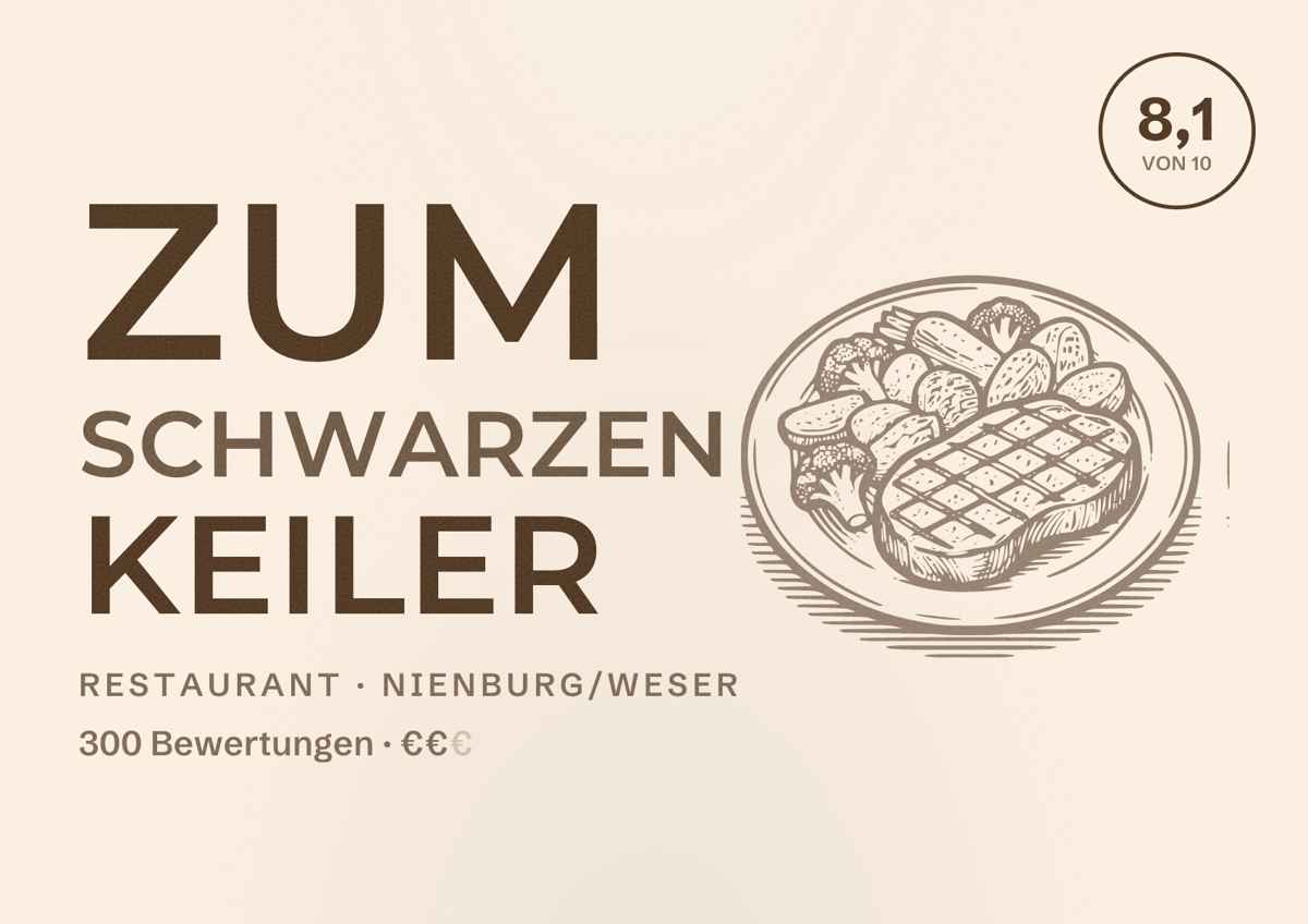 Illustriertes Poster von Zum schwarzen Keiler, Restaurant in Nienburg/Weser: Bewertung 8,1 von 10 aus 300 Bewertungen, Preisniveau €€