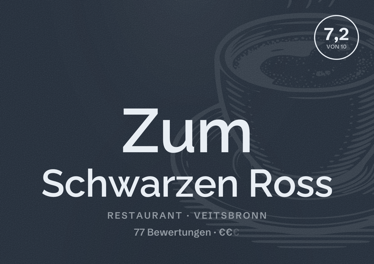 Illustriertes Poster von Zum Schwarzen Ross, Restaurant in Veitsbronn: Bewertung 7,2 von 10 aus 77 Bewertungen, Preisniveau €€