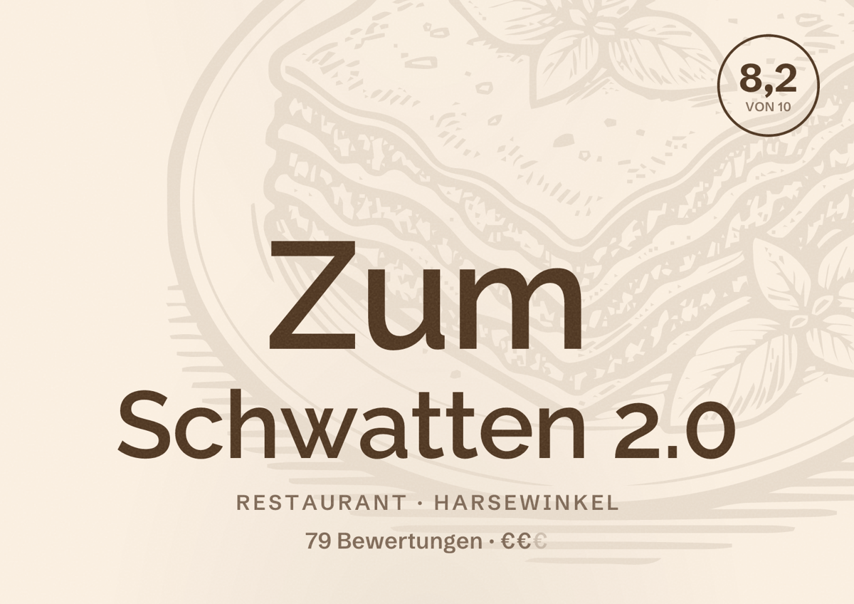 Illustriertes Poster von Zum Schwatten 2.0, Restaurant in Harsewinkel: Bewertung 8,2 von 10 aus 79 Bewertungen, Preisniveau €€