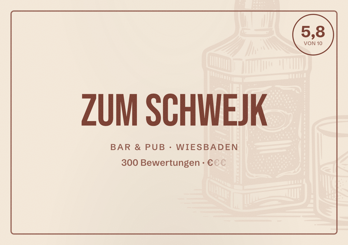 Illustriertes Poster von Zum Schwejk, Bar & Pub in Wiesbaden: Bewertung 5,8 von 10 aus 300 Bewertungen, Preisniveau €
