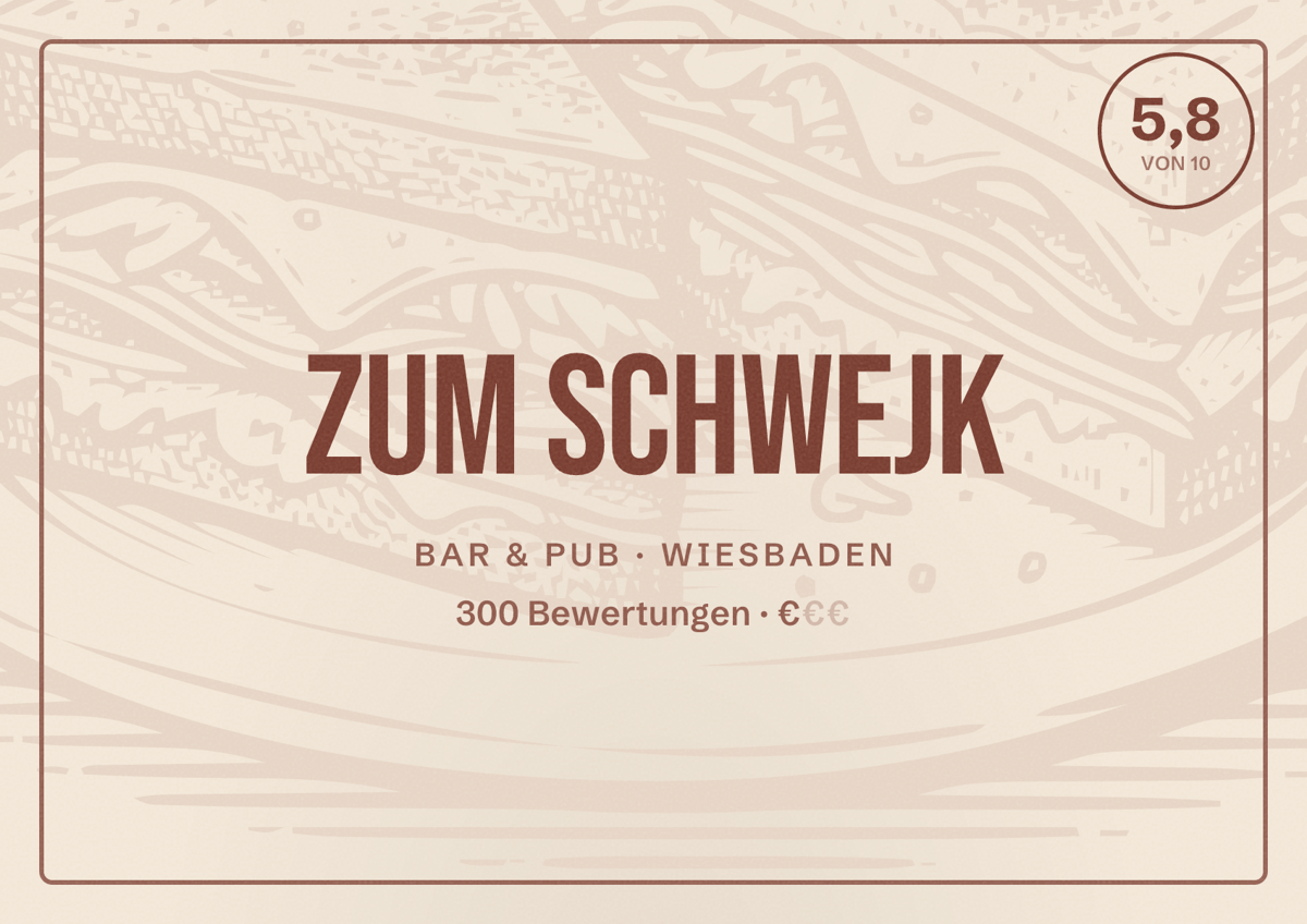 Illustriertes Poster von Zum Schwejk, Bar & Pub in Wiesbaden: Bewertung 5,8 von 10 aus 300 Bewertungen, Preisniveau €