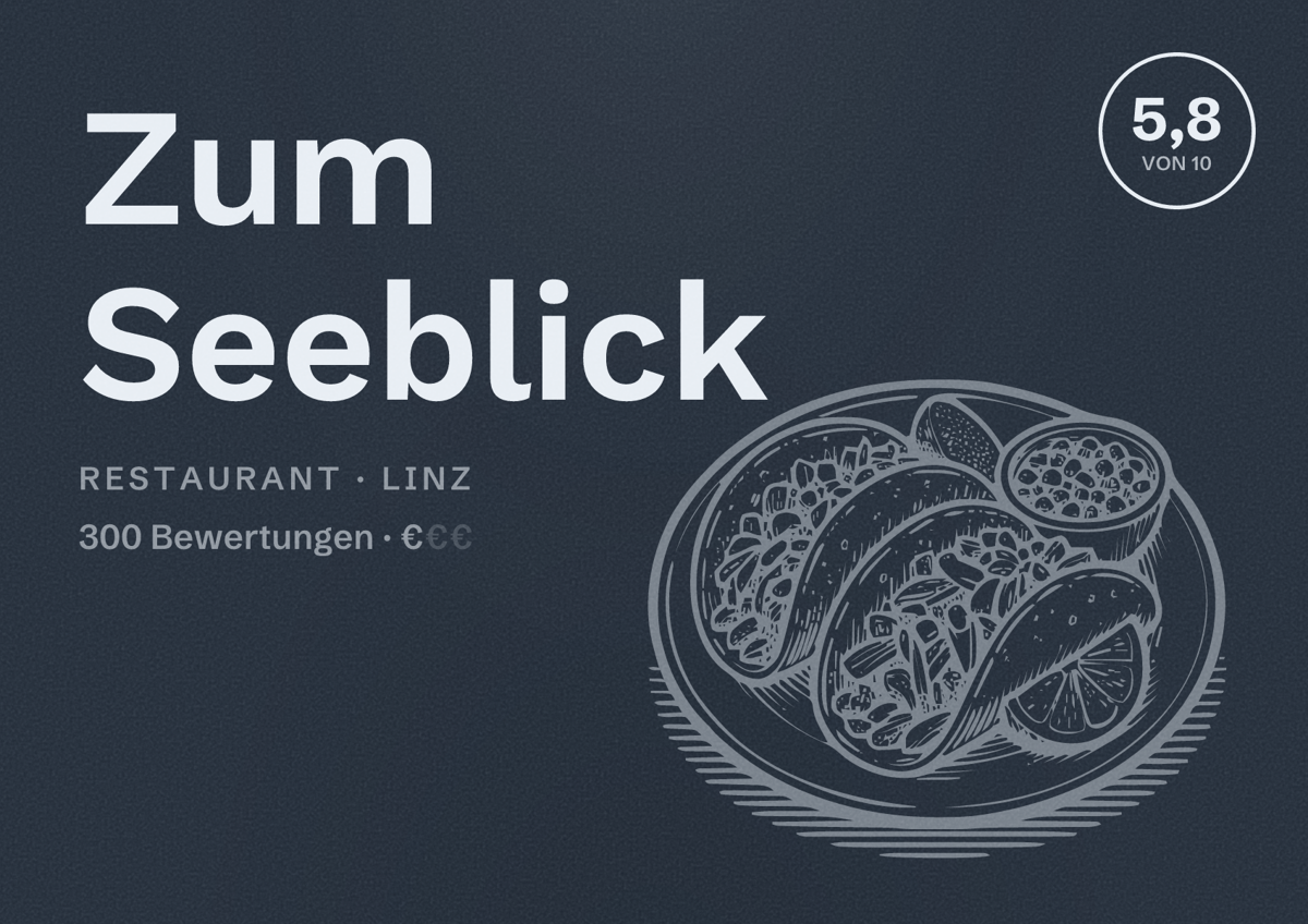 Illustriertes Poster von Zum Seeblick, Restaurant in Linz: Bewertung 5,8 von 10 aus 300 Bewertungen, Preisniveau €