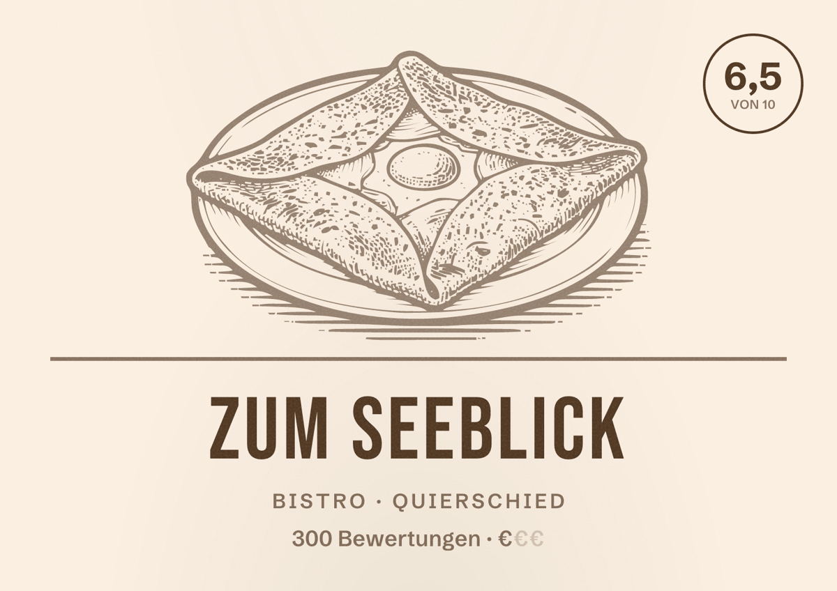 Illustriertes Poster von Zum Seeblick, Bistro in Quierschied: Bewertung 6,5 von 10 aus 300 Bewertungen, Preisniveau €