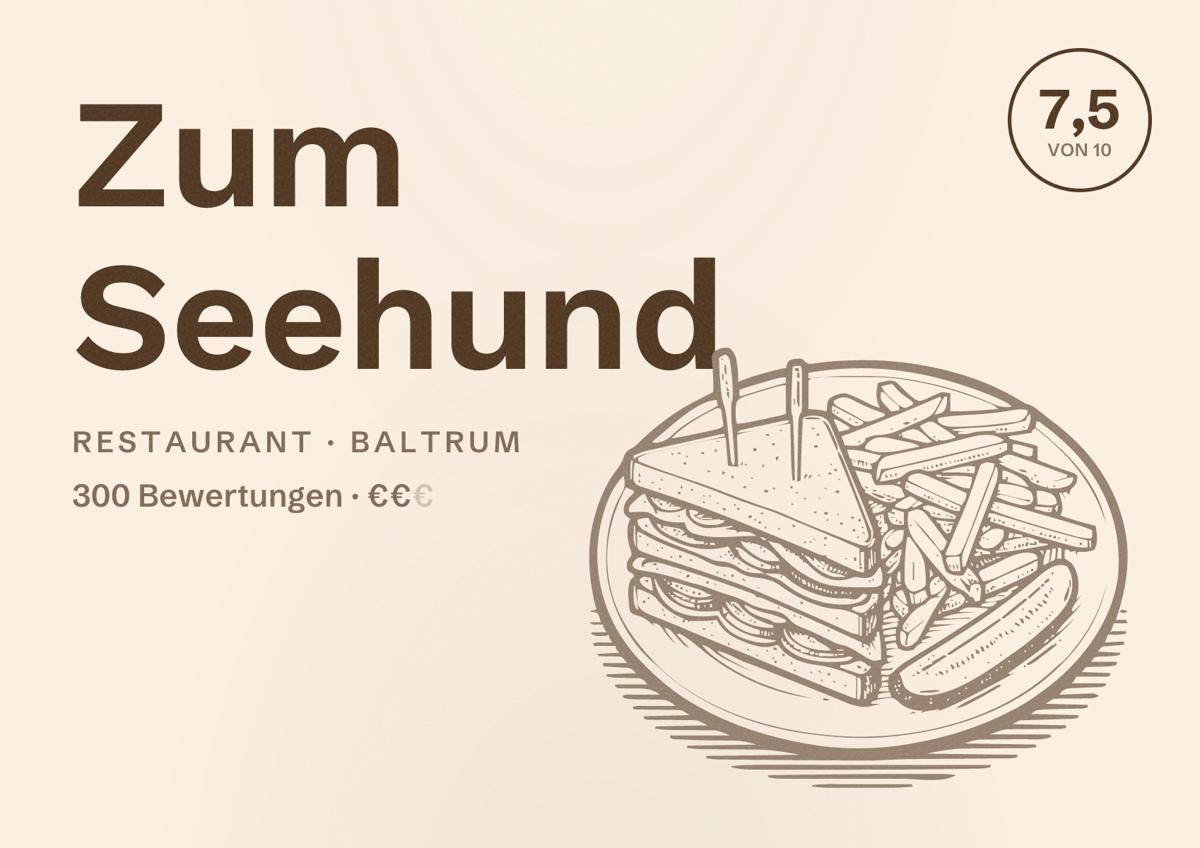 Illustriertes Poster von Zum Seehund, Restaurant in Baltrum: Bewertung 7,5 von 10 aus 300 Bewertungen, Preisniveau €€