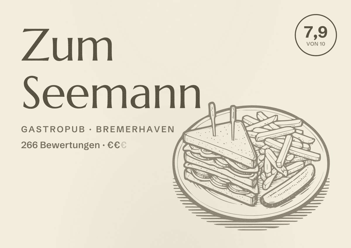 Illustriertes Poster von Zum Seemann, Gastropub in Bremerhaven: Bewertung 7,9 von 10 aus 266 Bewertungen, Preisniveau €€