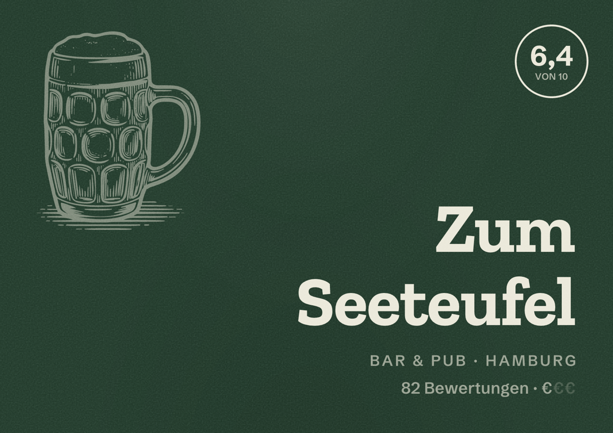 Illustriertes Poster von Zum Seeteufel, Bar & Pub in Hamburg: Bewertung 6,4 von 10 aus 82 Bewertungen, Preisniveau €