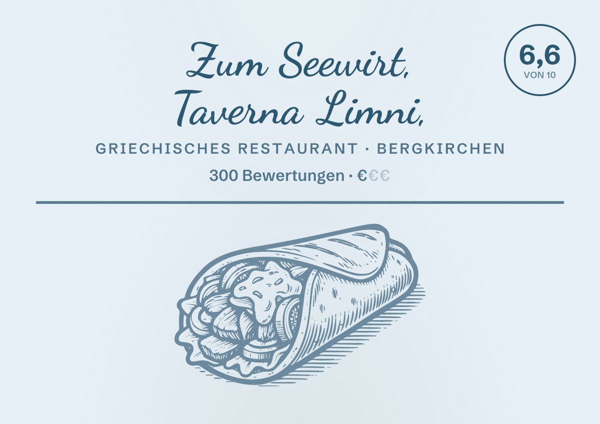 Illustriertes Poster von Zum Seewirt, Taverna Limni,, Griechisches Restaurant in Bergkirchen: Bewertung 6,6 von 10 aus 300 Bewertungen, Preisniveau €