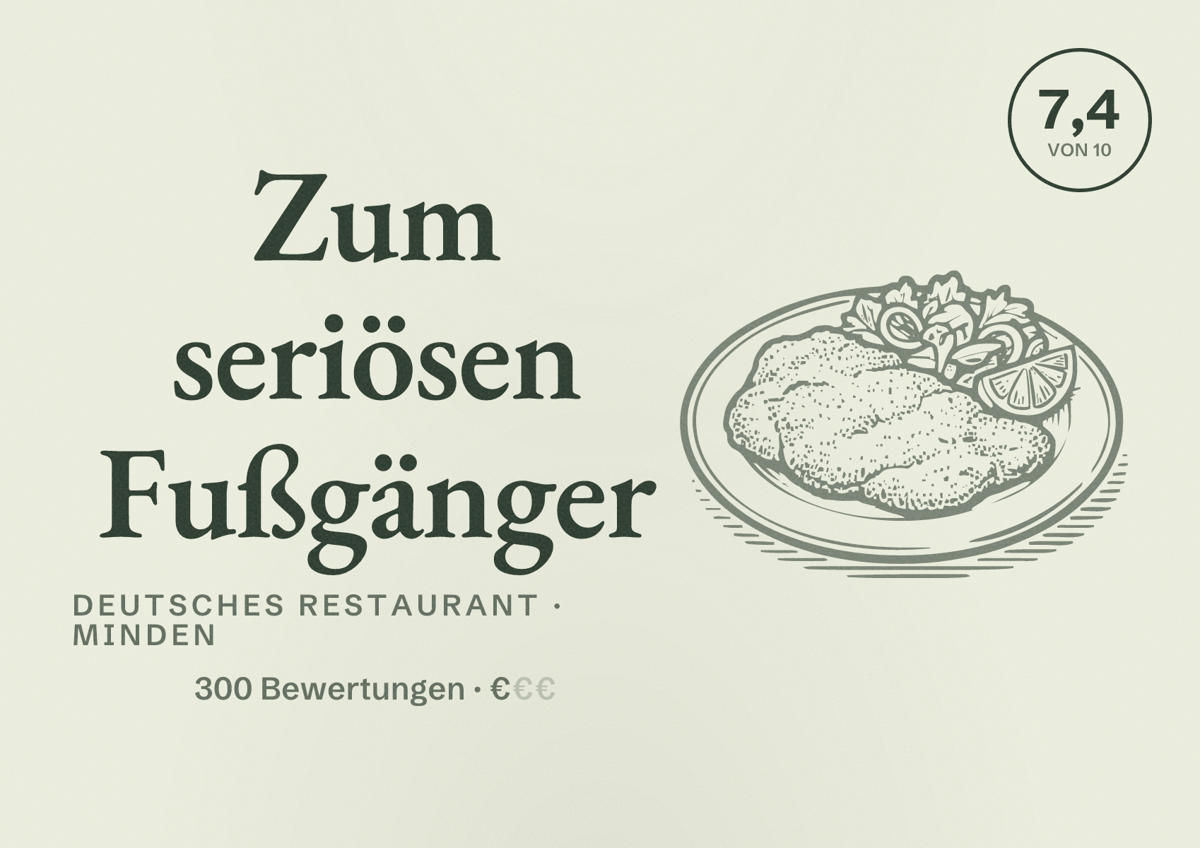 Illustriertes Poster von Zum seriösen Fußgänger, Deutsches Restaurant in Minden: Bewertung 7,4 von 10 aus 300 Bewertungen, Preisniveau €
