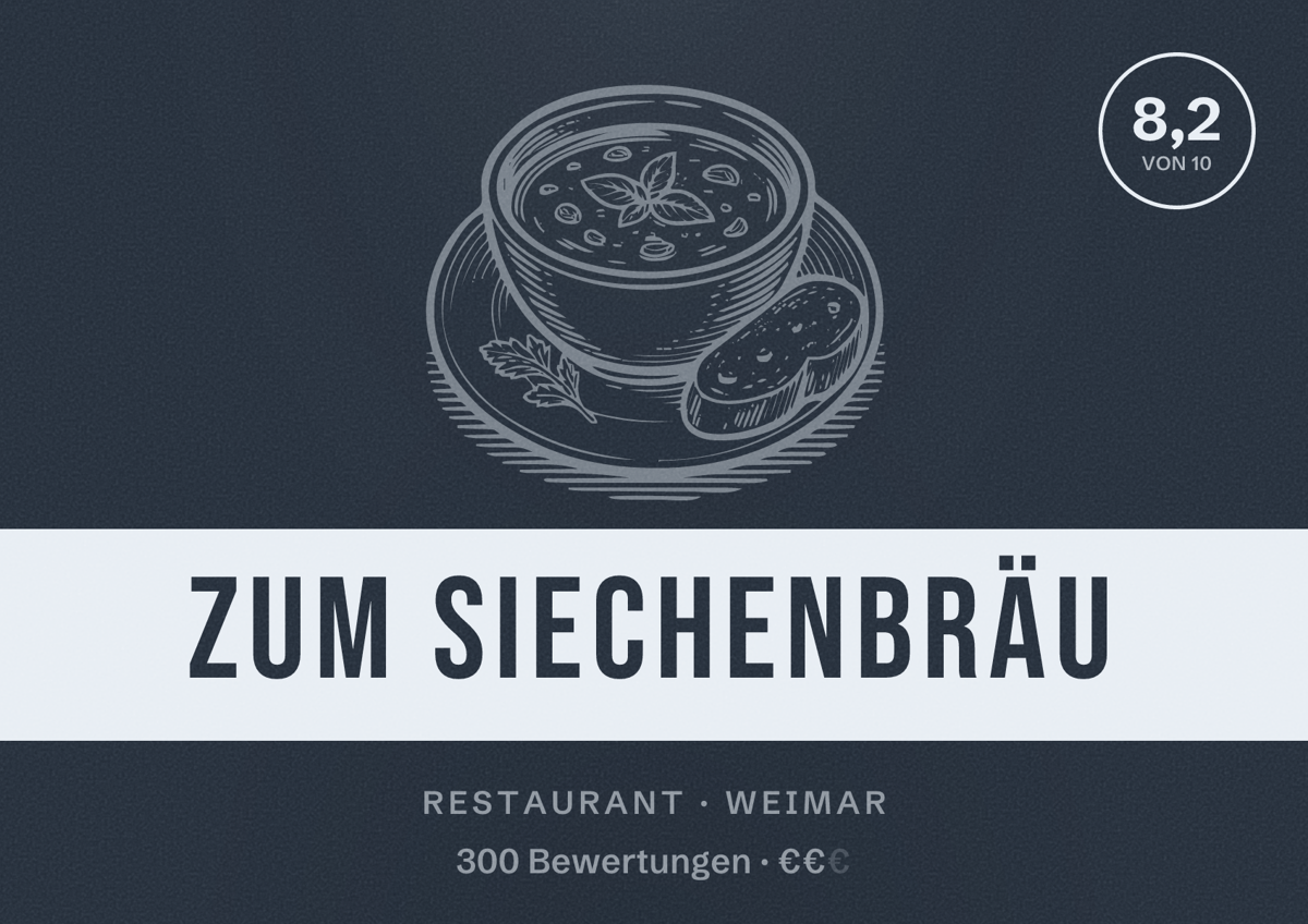 Illustriertes Poster von Zum Siechenbräu, Restaurant in Weimar: Bewertung 8,2 von 10 aus 300 Bewertungen, Preisniveau €€