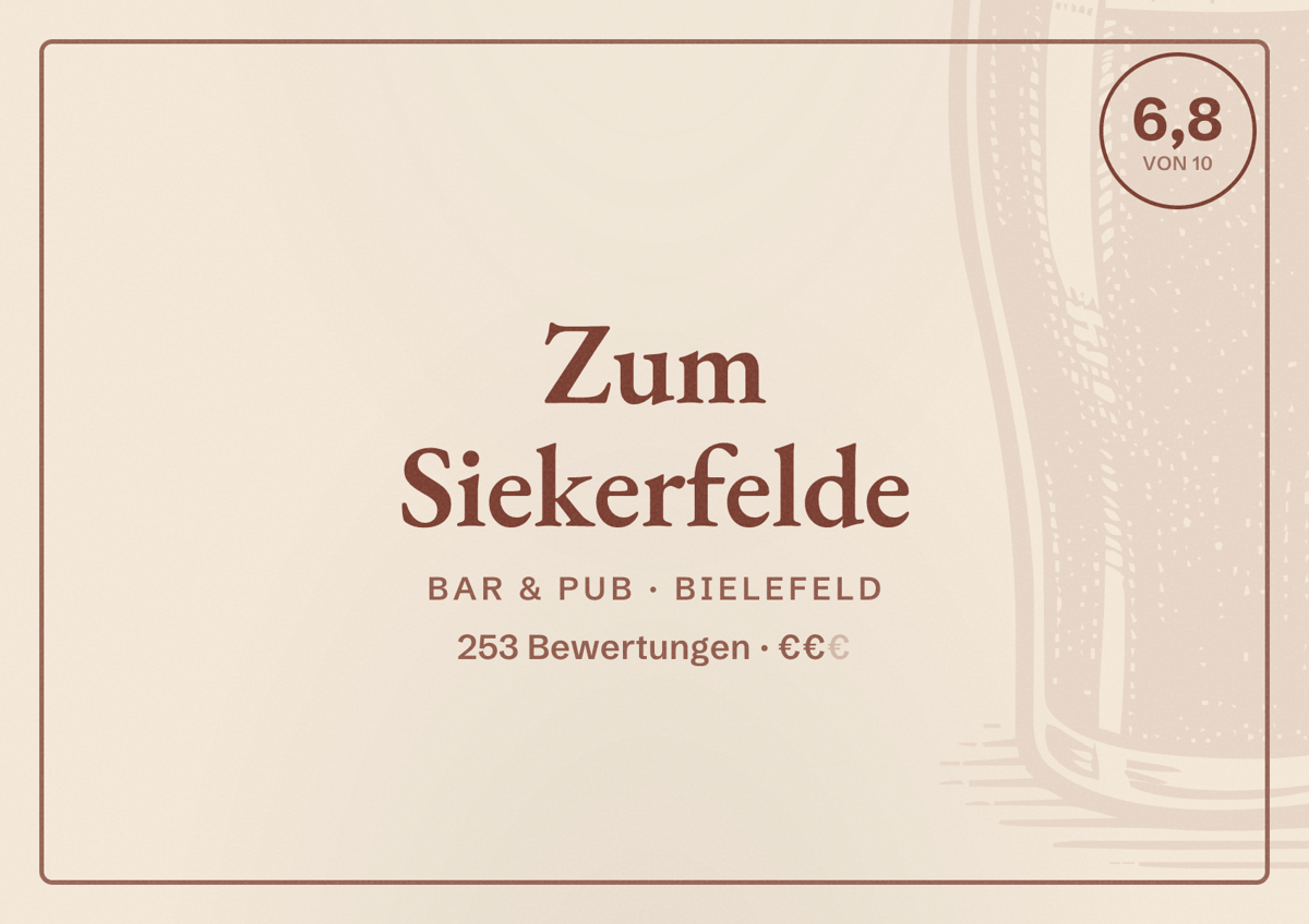 Illustriertes Poster von Zum Siekerfelde, Bar & Pub in Bielefeld: Bewertung 6,8 von 10 aus 253 Bewertungen, Preisniveau €€