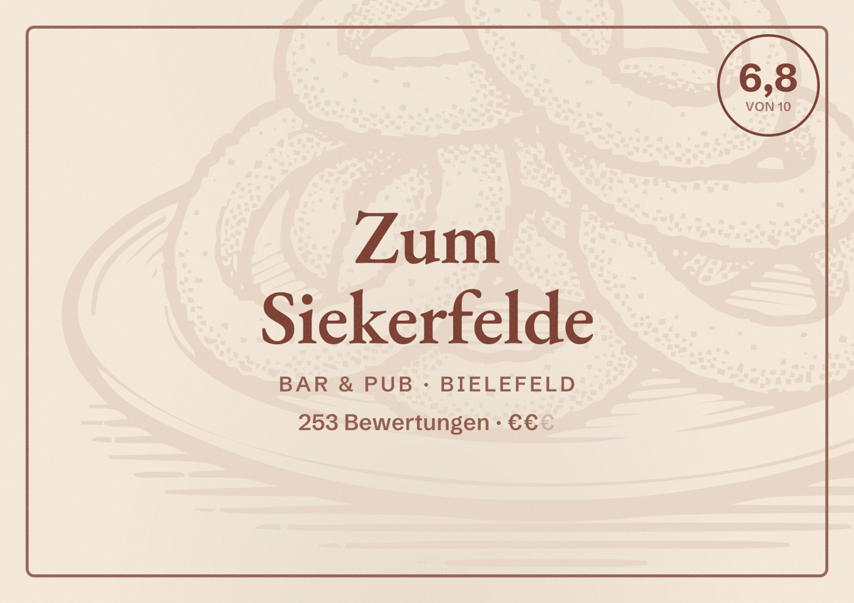 Illustriertes Poster von Zum Siekerfelde, Bar & Pub in Bielefeld: Bewertung 6,8 von 10 aus 253 Bewertungen, Preisniveau €€