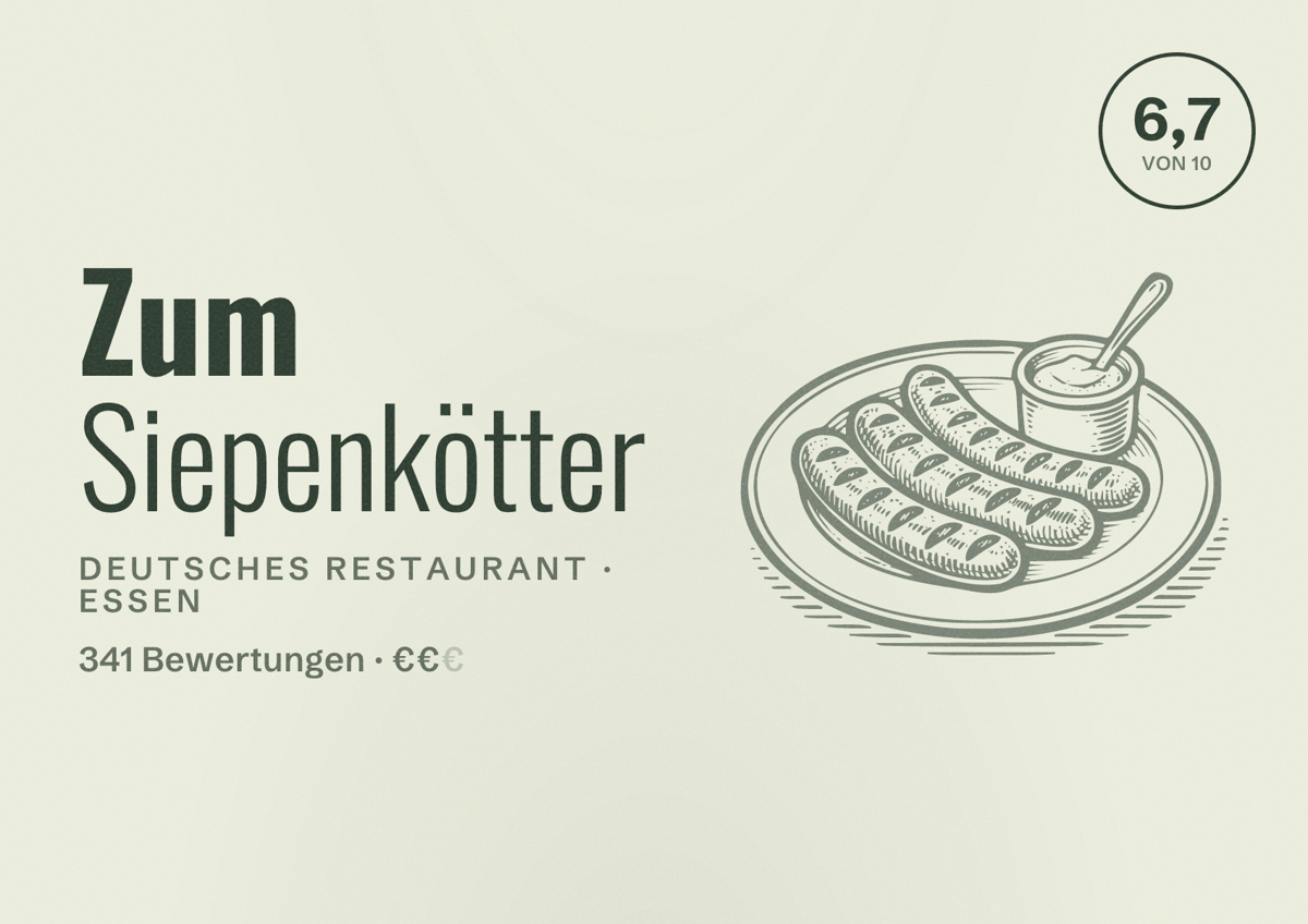 Illustriertes Poster von Zum Siepenkötter, Deutsches Restaurant in Essen: Bewertung 6,7 von 10 aus 341 Bewertungen, Preisniveau €€