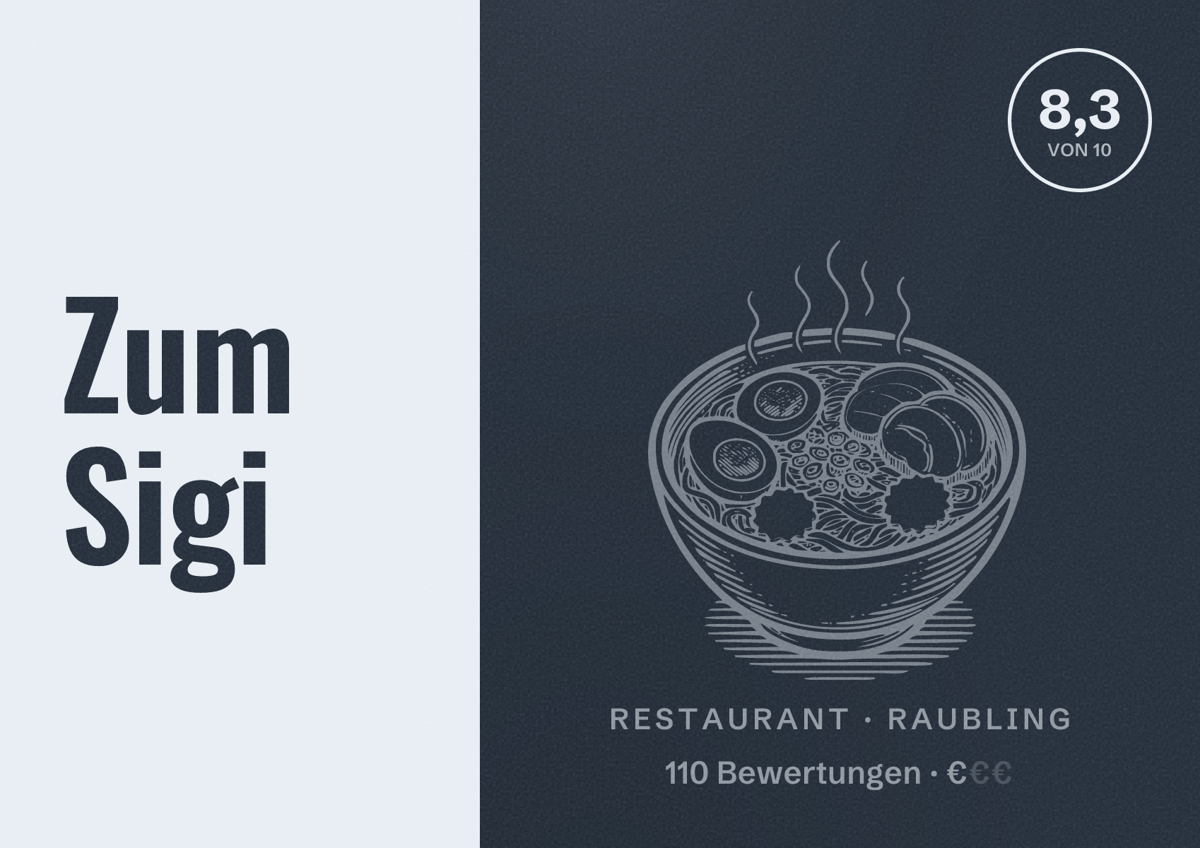 Illustriertes Poster von Zum Sigi, Restaurant in Raubling: Bewertung 8,3 von 10 aus 110 Bewertungen, Preisniveau €