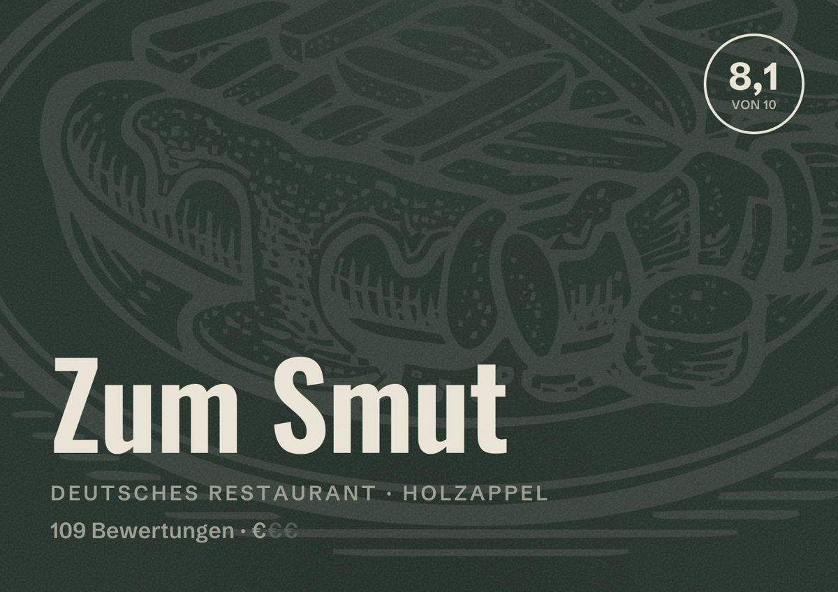 Illustriertes Poster von Zum Smut, Deutsches Restaurant in Holzappel: Bewertung 8,1 von 10 aus 109 Bewertungen, Preisniveau €