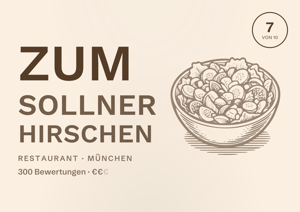 Illustriertes Poster von Zum Sollner Hirschen, Restaurant in München: Bewertung 7 von 10 aus 300 Bewertungen, Preisniveau €€