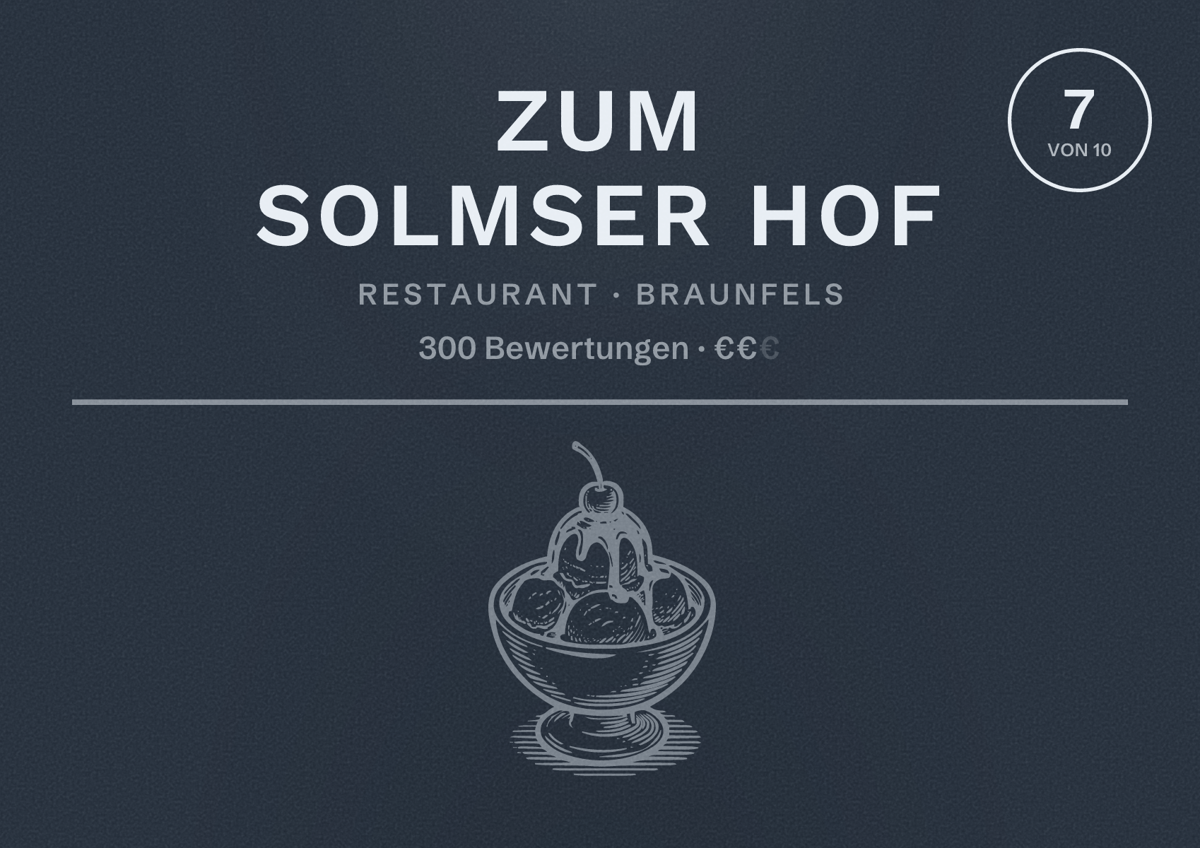 Illustriertes Poster von Zum Solmser Hof, Restaurant in Braunfels: Bewertung 7 von 10 aus 300 Bewertungen, Preisniveau €€