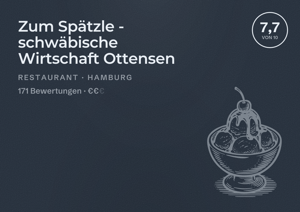 Illustriertes Poster von Zum Spätzle - schwäbische Wirtschaft Ottensen, Restaurant in Hamburg: Bewertung 7,7 von 10 aus 171 Bewertungen, Preisniveau €€