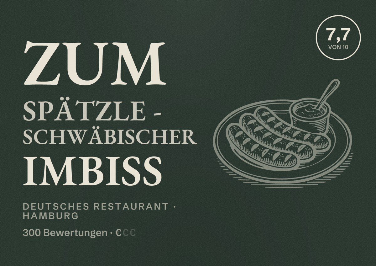 Illustriertes Poster von Zum Spätzle - schwäbischer Imbiss, Deutsches Restaurant in Hamburg: Bewertung 7,7 von 10 aus 300 Bewertungen, Preisniveau €