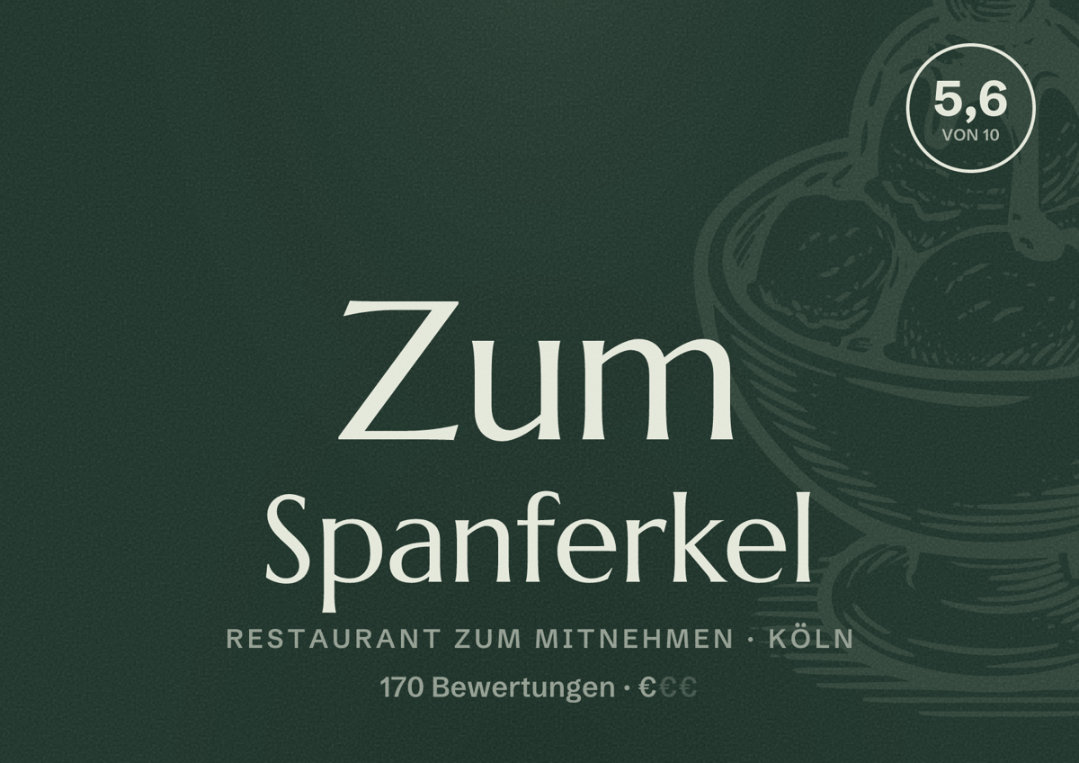 Illustriertes Poster von Zum Spanferkel, Restaurant zum Mitnehmen in Köln: Bewertung 5,6 von 10 aus 170 Bewertungen, Preisniveau €