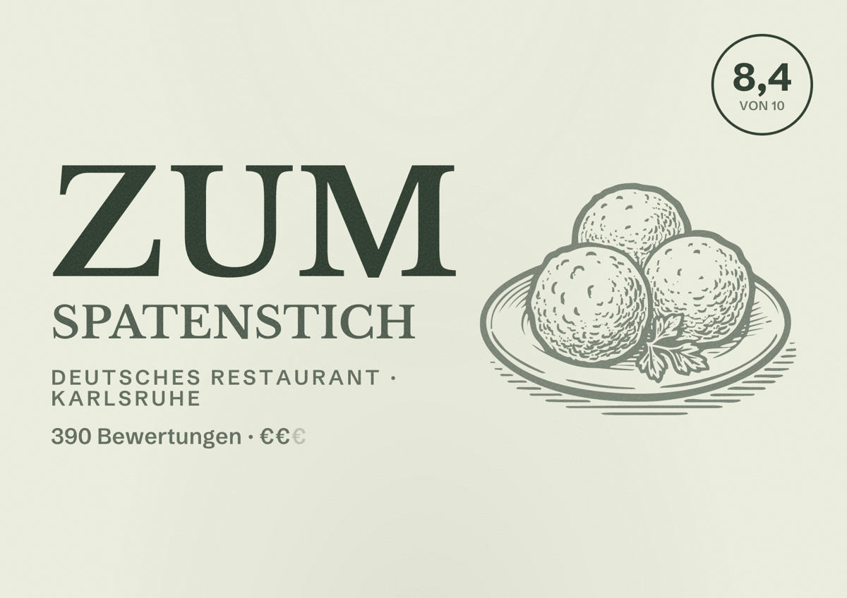 Illustriertes Poster von Zum Spatenstich, Deutsches Restaurant in Karlsruhe: Bewertung 8,4 von 10 aus 390 Bewertungen, Preisniveau €€