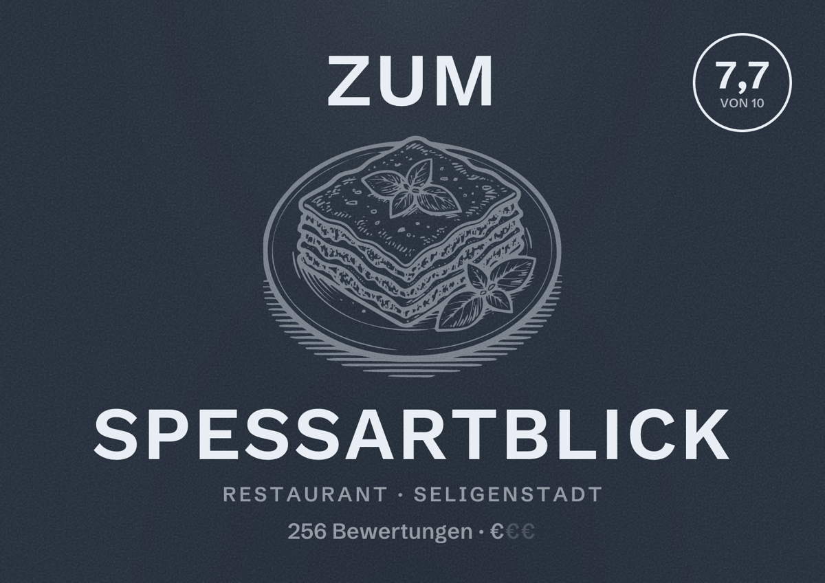 Illustriertes Poster von Zum Spessartblick, Restaurant in Seligenstadt: Bewertung 7,7 von 10 aus 256 Bewertungen, Preisniveau €