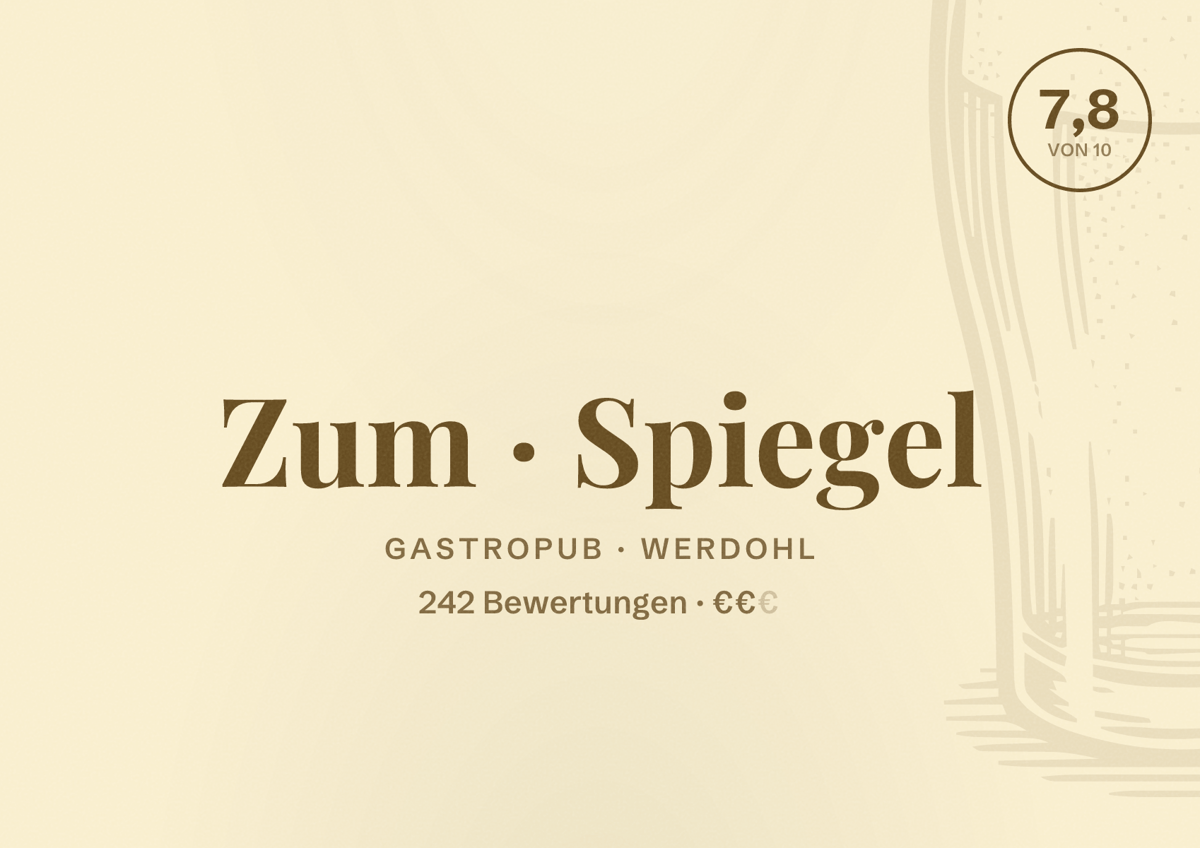 Illustriertes Poster von Zum Spiegel, Gastropub in Werdohl: Bewertung 7,8 von 10 aus 242 Bewertungen, Preisniveau €€