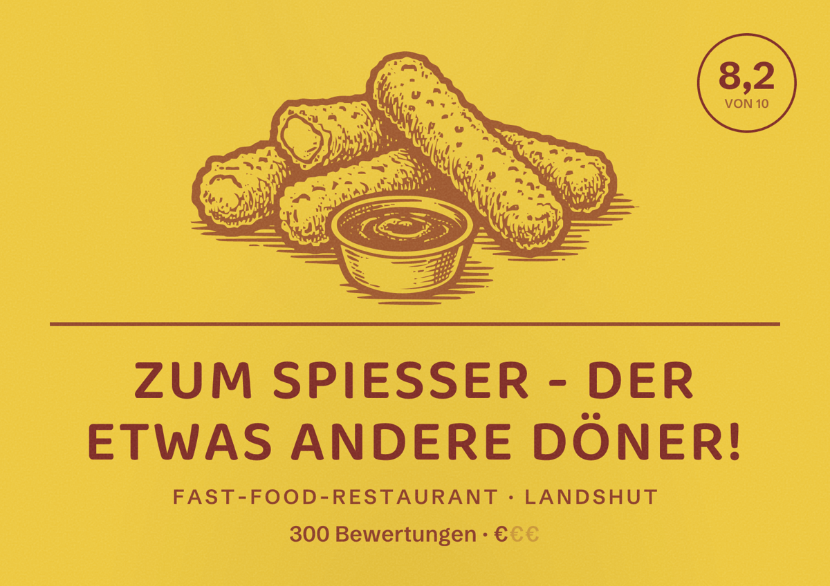 Illustriertes Poster von zum Spießer - der etwas andere Döner!, Fast-Food-Restaurant in Landshut: Bewertung 8,2 von 10 aus 300 Bewertungen, Preisniveau €