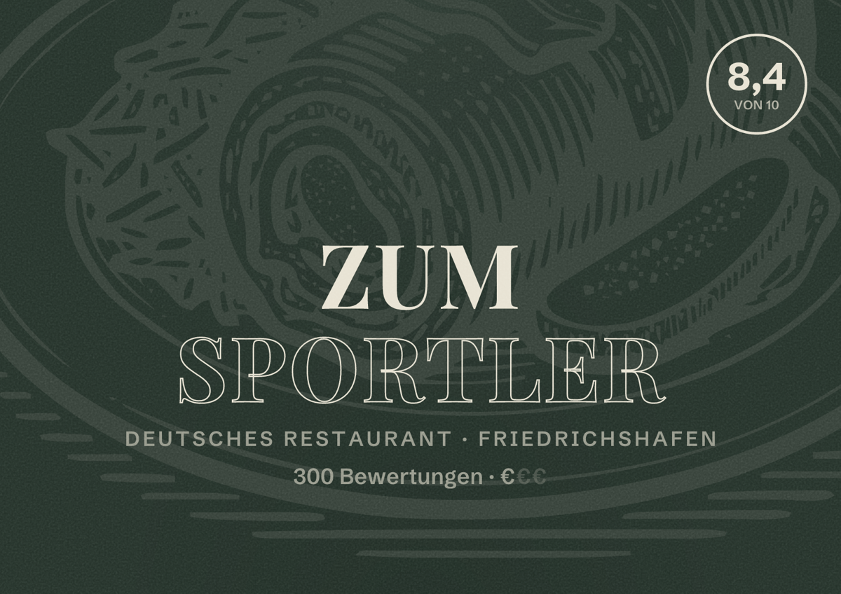 Illustriertes Poster von zum Sportler, Deutsches Restaurant in Friedrichshafen: Bewertung 8,4 von 10 aus 300 Bewertungen, Preisniveau €