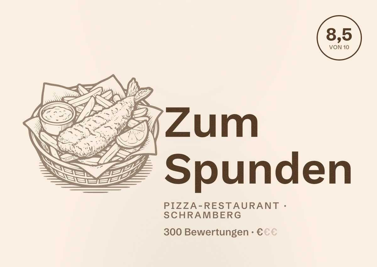 Illustriertes Poster von Zum Spunden, Pizza-Restaurant in Schramberg: Bewertung 8,5 von 10 aus 300 Bewertungen, Preisniveau €