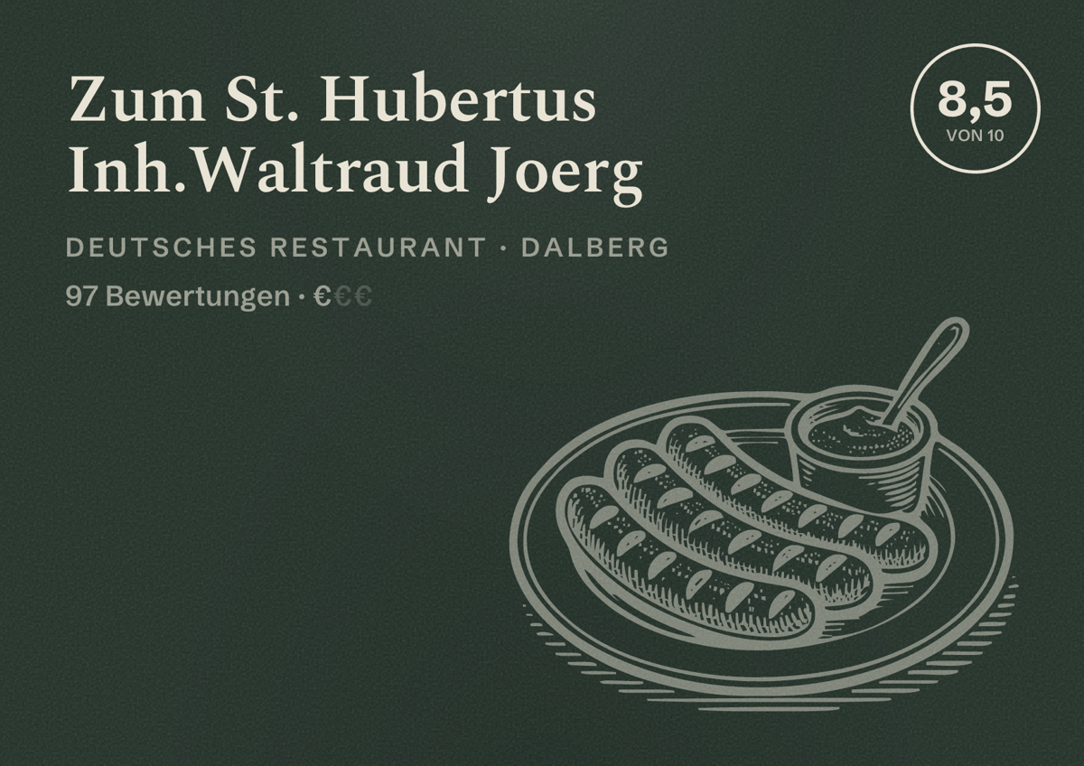 Illustriertes Poster von Zum St. Hubertus Inh.Waltraud Joerg, Deutsches Restaurant in Dalberg: Bewertung 8,5 von 10 aus 97 Bewertungen, Preisniveau €