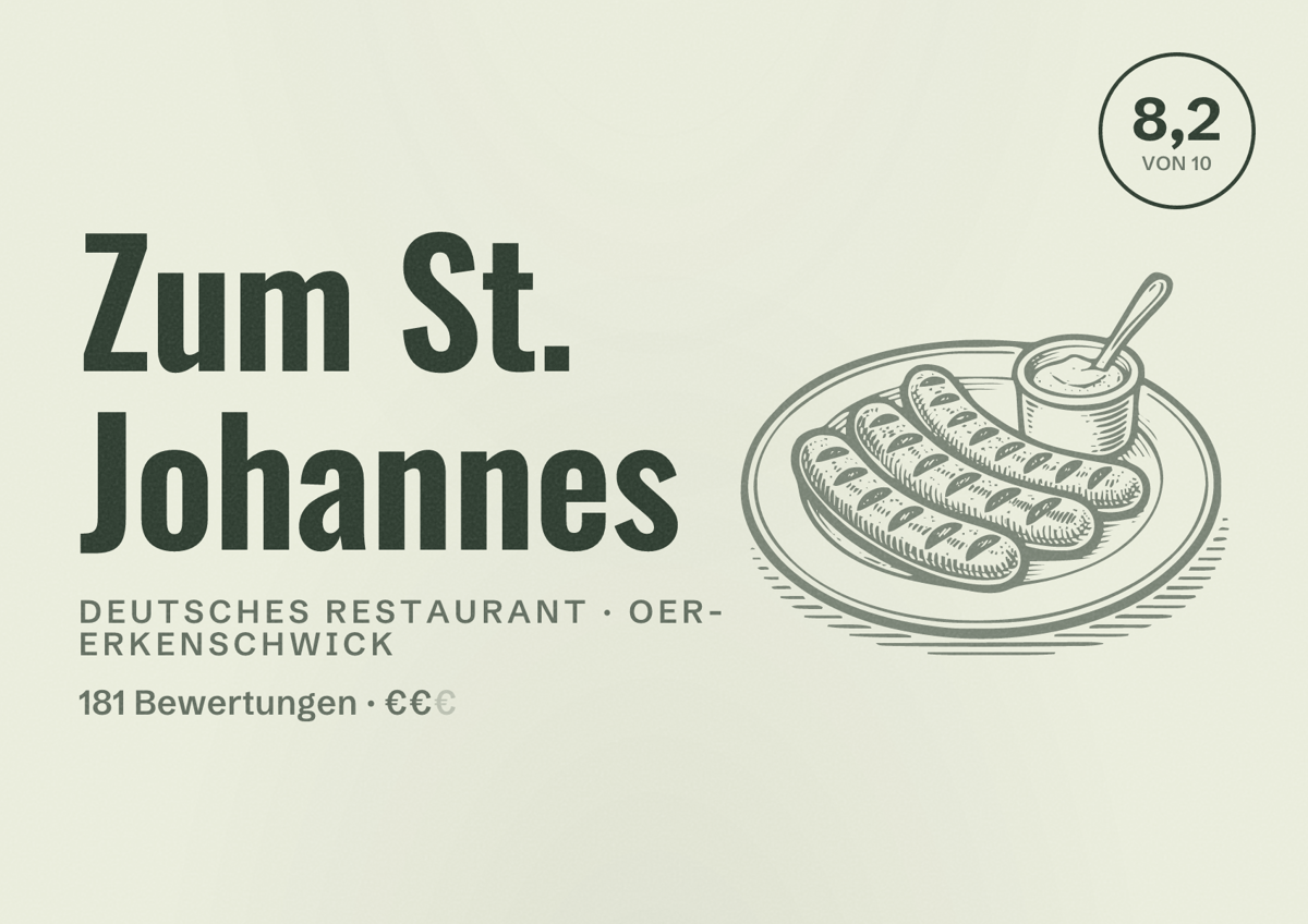 Illustriertes Poster von Zum St. Johannes, Deutsches Restaurant in Oer-Erkenschwick: Gästebewertung 8,2 von 10 aus 181 Bewertungen